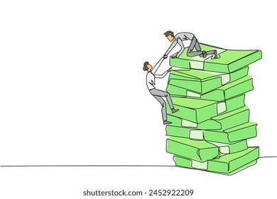 Single continuous line drawing businessman helps colleague climb large pile of banknotes. Contagious success. Share tips for success. Teamwork bonus. Cohesiveness. One line design vector illustration