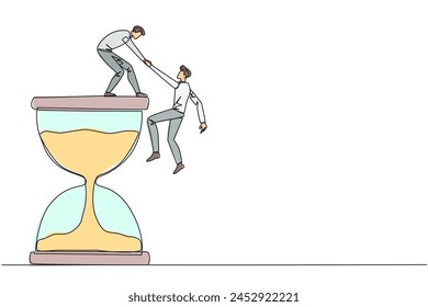 Single continuous line drawing businessman helps colleague climb the large hourglass. Have many assignment deadlines. Sharing with colleagues will become easier. One line design vector illustration