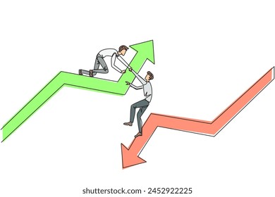 Single continuous line drawing businessman helps colleague climb arrow symbol. Teamwork to raise a better level together. Best partner ever. Maintain cohesiveness. One line design vector illustration