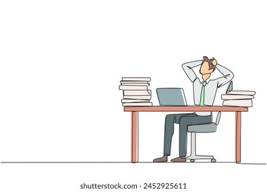 Einzelne durchgehende Linie Zeichnung Geschäftsmann sitzt auf Bürostuhl. Stressig, um den Preis auf einem Laptop-Bildschirm zu sehen, der nicht steigt. Stressvoller Geschäftsmann. Einzeilige Design-Vektorillustration