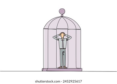 Una sola línea continua que dibuja al hombre de negocios atrapado en la jaula de pie frustrado cabeza de retención. La ansiedad causada no puede moverse libremente. Confinado. Encarcelado. No puedo trabajar. Ilustración vectorial de diseño de una línea