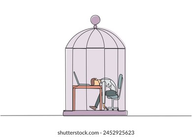 Single continuous line drawing businessman trapped in cage asleep on laptop computer. Tired of repetitive routines. The many deadlines require overtime every day. One line design vector illustration