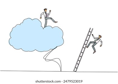 Single continuous line drawing businessman kicks opponent who climbing the cloud with a ladder. Perfect achievement in business. Bring down competitors in any way. One line design vector illustration