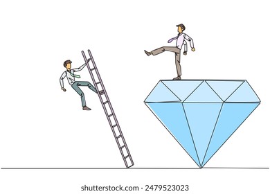 Single continuous line drawing businessman kicks rival who is climbing the diamond with a ladder. Knocking rival down from achieving a glorious position together. One line design vector illustration