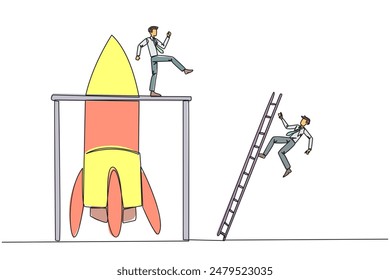 Single continuous line drawing businessman kicks opponent who climbing the rocket with ladder. Failure to open new business. Cheated by business friend. Traitor. One line design vector illustration