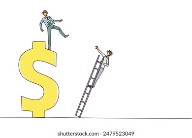 Single continuous line drawing businessman kicks his rival who is climbing a dollar symbol with ladder. Unhealthy competition. Using rough methods to bring down. One line design vector illustration