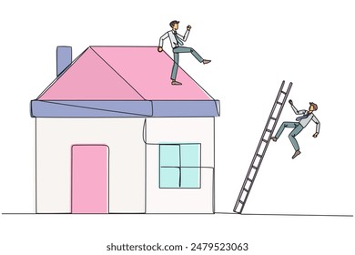 Single continuous line drawing businessman kicks opponent who climbs a miniature house with stairs. Metaphor of fraud committed by house developers. Bad business. One line design vector illustration