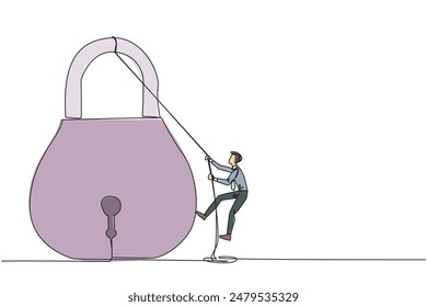 Single continuous line drawing businessman climbing padlock with rope. Do the best to privatize the business. Sole owner. The result of smart hard work. Satisfied. One line design vector illustration