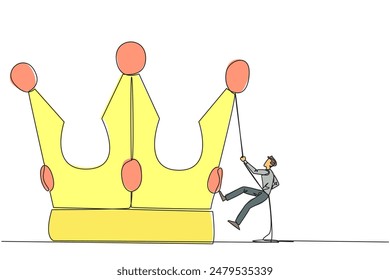 Single continuous line drawing businessman climbing crown with rope. Prepare for a better life by working hard to achieve the highest position. The hard worker. One line design vector illustration