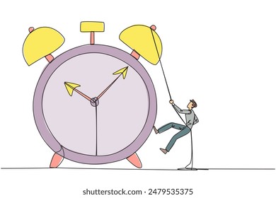 Single continuous line drawing businessman climbing alarm clock with rope. Work carefully to complete each task. Works perfectly. Without any errors. Deadline. One line design vector illustration