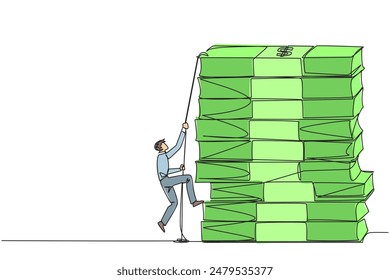 Empresario de dibujo de una sola línea continua sube una pila de billetes con cuerda. El trabajador duro necesita reunir capital para crear un nuevo negocio. Para una mejor vida futura. Ilustración vectorial de diseño de una línea