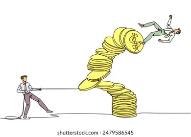 Una sola línea continua que dibuja al hombre de negocios jalar una de un montón de monedas que hizo caer a la persona en la cima. Fraude empresarial. Malversación de dinero de la oficina. Traidor. Ilustración vectorial de diseño de una línea