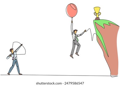 Single continuous line drawing businessman wants to achieve prizes at the peak of the career. Getting resistance from all directions. Painful failure. Traitor. One line design vector illustration