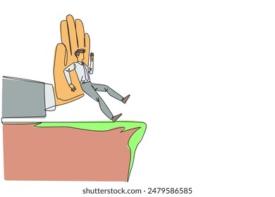 Single continuous line drawing businessman standing on the edge of a cliff. Something big wants to bring down the business. Invisible enemy. Bring down competitor. One line design vector illustration