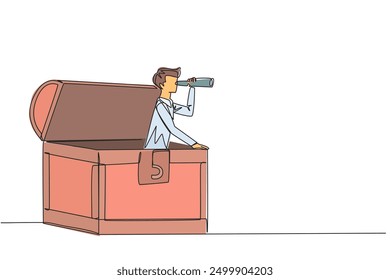 Single continuous line drawing businessman emerges from treasure chest looks for something through binoculars. Luck leads to treasure. Successful rich businessman. One line design vector illustration