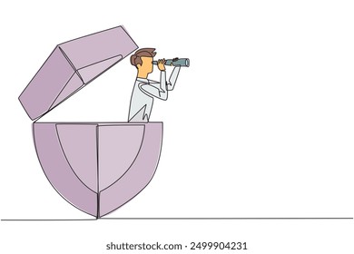 Single continuous line drawing businessman emerges from shield looks for something through binoculars. Find and develop best protection for business application. One line design vector illustration