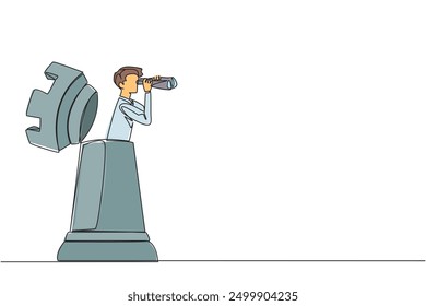 Single continuous line drawing businessman emerges from the rook chess piece looking for something through binoculars. Starting new challenge. Search new strategy. One line design vector illustration