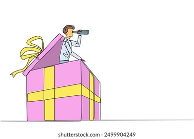Single continuous line drawing businessman emerged from the gift box look for something through binoculars. Profitable business. Mutual benefit. End of year reward. One line design vector illustration