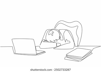 El hombre de negocios de dibujo de línea continua se sienta y duerme en el escritorio de la oficina. Cansado. Demasiados plazos en la pila de documentos para ser completados. Día Nacional de la Siesta. Ilustración vectorial de diseño de una línea