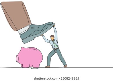 Single continuous line drawing businessman holds back giant foot wants to step on piggy bank. Protects against further damage. Want to take company asset savings. One line design vector illustration