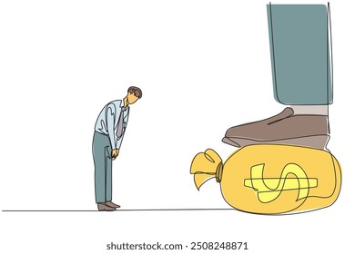 Single continuous line drawing businessman nodded in front of the giant foot stepping on the money bag. Good relationship. Entrepreneurs who respect financiers. One line design vector illustration