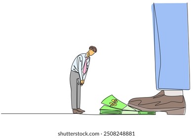 Single continuous line drawing businessman nodded in front of giant foot stepping on stack of banknotes. Request permission from investors to disburse reserve fund. One line design vector illustration