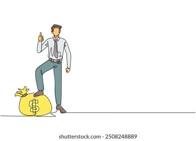 Single continuous line drawing businessman stands with thumbs up pose and steps on the money bag with one of his foot. Victory expression. Successful. Achievement. One line design vector illustration