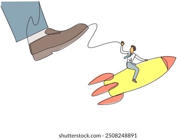 Single continuous line drawing businessman riding a rocket flies away from the giant foot. Redirection. The struggle to keep the business flying high. Profitable. One line design vector illustration