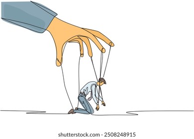 Single continuous line drawing businessman kneeling, entire body bound by ropes controlled by giant hands. Mastered by the mastermind. Confused. Helpless. Puppet. One line design vector illustration