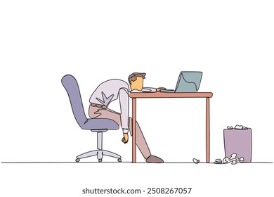 Single continuous line drawing businessman sitting in work chair looking tired. Want to work on business reports on a laptop. Very tired. Loss of focus and passion. One line design vector illustration