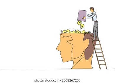Single continuous line drawing businessman climb to the large, open head with stairs. Throw away the lightbulb. Convey some ideas to increase profits. Brainwashing. One line design vector illustration