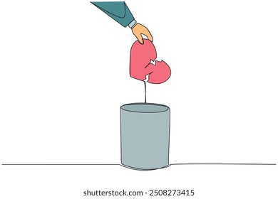 Single continuous line drawing businessman hand throwing away broken heart logo. Broken heart symbol. Throw away anything that makes the feel disappointed. Serene. One line design vector illustration