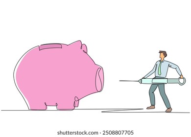 Línea continua única que dibuja al hombre de negocios que sostiene una jeringa grande y quiere inyectarla en una gran hucha. Los inversores inyectan fondos adicionales. Evite la bancarrota. Ilustración vectorial de diseño de una línea