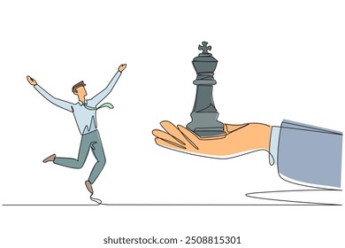 Single continuous line drawing businessman was excited to get king's chess piece from giant hand. Getting support from people is important to continue the business. One line design vector illustration