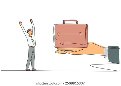Single continuous line drawing businessman was excited to get the briefcase from the giant hand. Important prize. Simplify business trips. Increase company revenue. One line design vector illustration