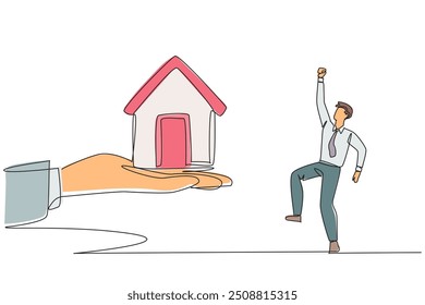 Single continuous line drawing businessman was excited to get a miniature house from the giant hand. Important prize. Proud achievement. Home bonus is a dream. One line design vector illustration