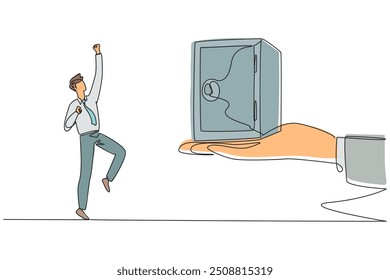 Single continuous line drawing the businessman was excited to get a safe deposit box from a giant hand. Important gift. It's very useful to keep important things. One line design vector illustration