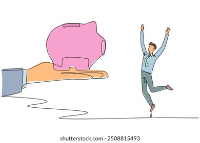 Single continuous line drawing the businessman was happy to get a piggy bank from the giant hand. Get guaranteed retirement money. Live a decent life in old age. One line design vector illustration