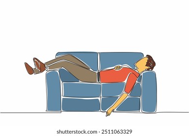 Línea continua única que dibuja al hombre de negocios que duerme bien en el sofá de la oficina. Recuperar energía para el próximo calendario de reuniones. Sobrecarga de trabajo. Agitado. Día Nacional de la Siesta. Ilustración vectorial de diseño de una línea