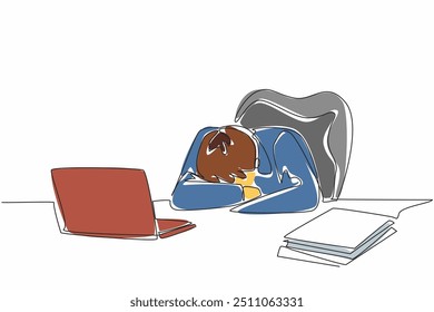 El hombre de negocios de dibujo de línea continua se sienta y duerme en el escritorio de la oficina. Cansado. Demasiados plazos en la pila de documentos para ser completados. Día Nacional de la Siesta. Ilustración vectorial de diseño de una línea