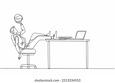 Single continuous line drawing businessman sitting back lazily holding basketball. Don't care about the amount of work. Exercising. Playing. National Goof Off Day. One line design vector illustration