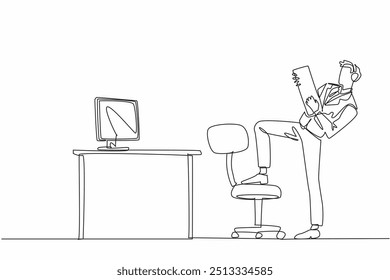 Einzelne durchgehende Linie Zeichnung Geschäftsmann tragen Kopfhörer und mit Tastatur wie Gitarre. Versteckte Wünsche. Hobbys priorisieren, nicht arbeiten. National Goof Off Day. Vektorgrafik mit einzeiligem Design