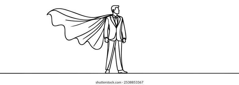 Linha contínua única desenhando super-herói de homem de negócios com capa . O negócio decola. Conceito de projeto comercial. Ilustração de vetor de design gráfico com desenho de uma linha