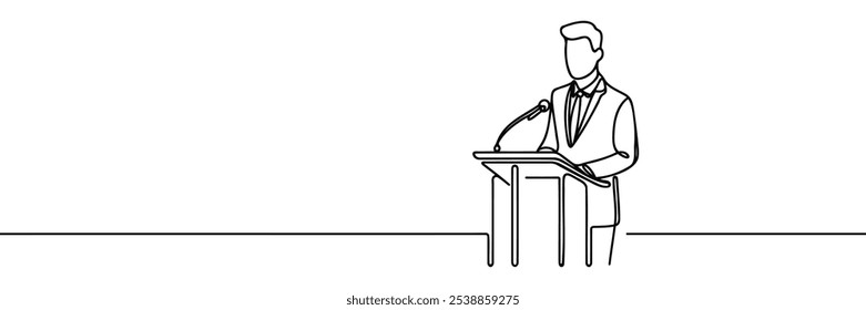 Single continuous line drawing businessman speech standing behind podium. Inviting to everyone to be more concerned with natural condition to avoid air pollution. One line design vector illustration