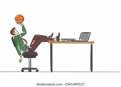 Single continuous line drawing businessman sitting back lazily holding basketball. Don't care about the amount of work. Exercising. Playing. National Goof Off Day. One line design vector illustration