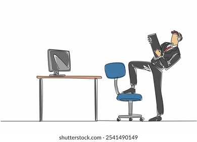 Línea continua única que dibuja al hombre de negocios que lleva auriculares y que usa el teclado como guitarra. Deseos ocultos. Prioriza los pasatiempos, no el trabajo. Día Nacional del Golf. Ilustración vectorial de diseño de una línea