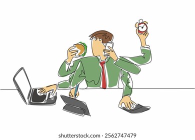 Single continuous line drawing businessman with 6 hands. Each hand with its own busyness. Multitasking in the morning to save time. Productivity. Deskfast Day. One line design vector illustration