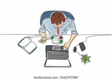 Single continuous line drawing businessman eating at his desk. Super busy in the morning. Work and breakfast at the same time. Hectic. Multitasking. Deskfast Day. One line design vector illustration