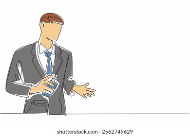 Single continuous line drawing a businessman sprays perfume on the palm of his hand. A masculine scent that is so noticeable. Self-confident. National Perfume Day. One line design vector illustration