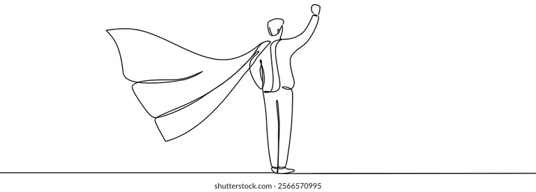 Single continuous line drawing businessman superhero with cloak . Business takes off. Business project concept. One line draw graphic design vector illustration